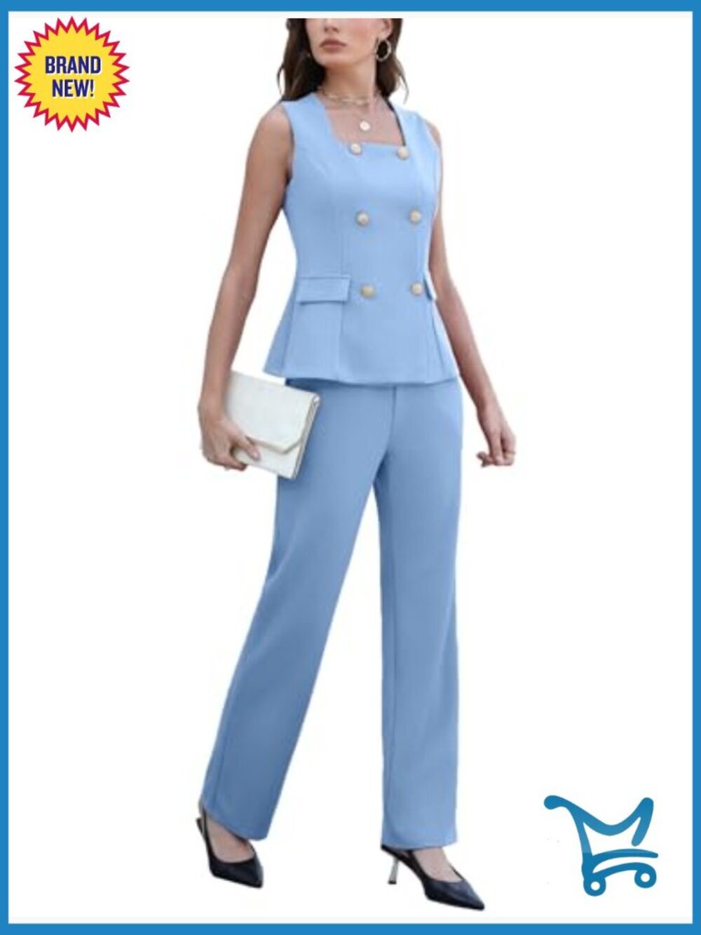 2 Piece Blazer Vest & Pants Suit Set Square Neck Sleeveless High Waist Business - Picture 2 of 7